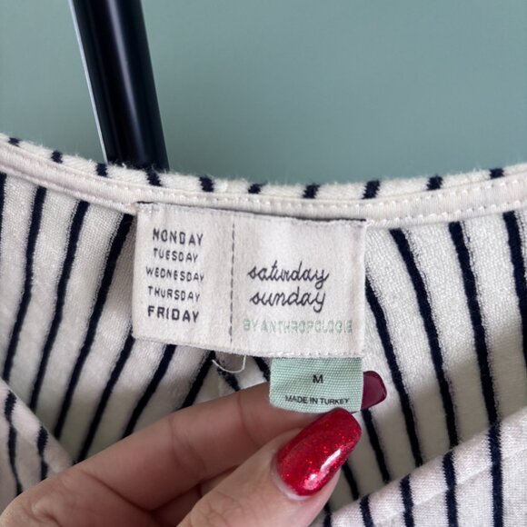 Anthropologie Pazienza Terry Cloth Criss Cross Tie Midi Dress Ivory/ Navy Medium - Picture 4 of 9